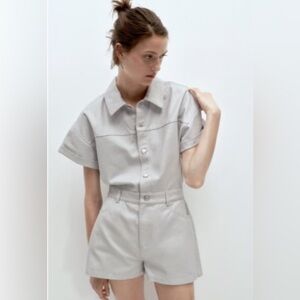 Zara Silver Shimmer Denim Utility Button-Up Playsuit